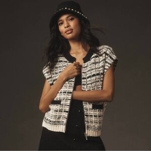 Maeve Anthropologie Zippered Sweater Vest Womens L Black Cream Artsy Academia